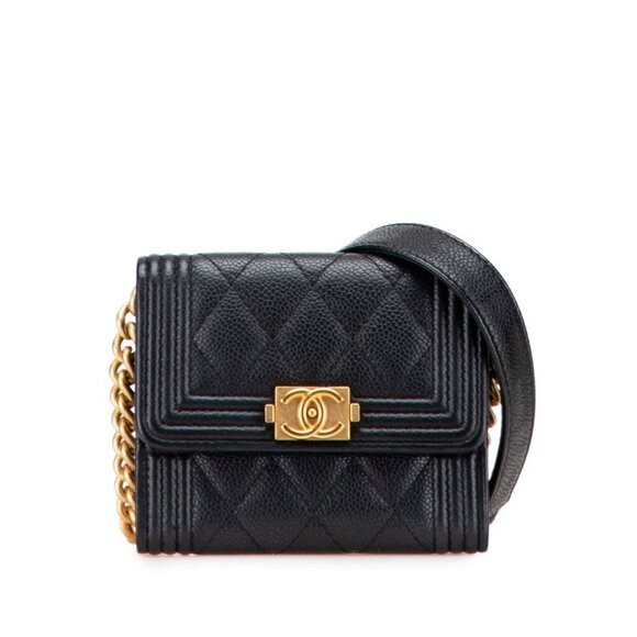 CHANEL Authentic Black Caviar Leather Logo Wallet